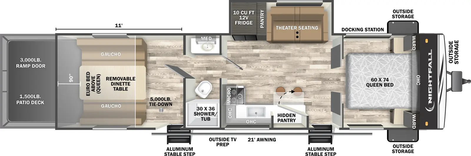 The Nightfall 29N floorplan is a toy hauler that has two entries and one slide out. Exterior features include: fiberglass exterior and 21' awning. Interiors features include: front bedroom and pass through bathroom.